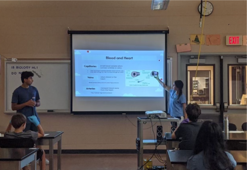A volunteer teaches a lesson on blood and the heart in a science classroom